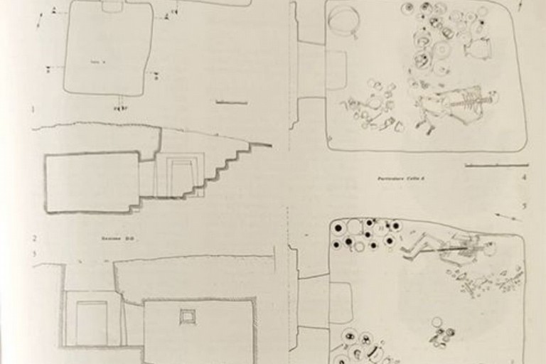 Piantina e reperti dai corredi ritrovati negli 'ipogei dei Vimini. <span>Foto Canusium Chronicles</span>